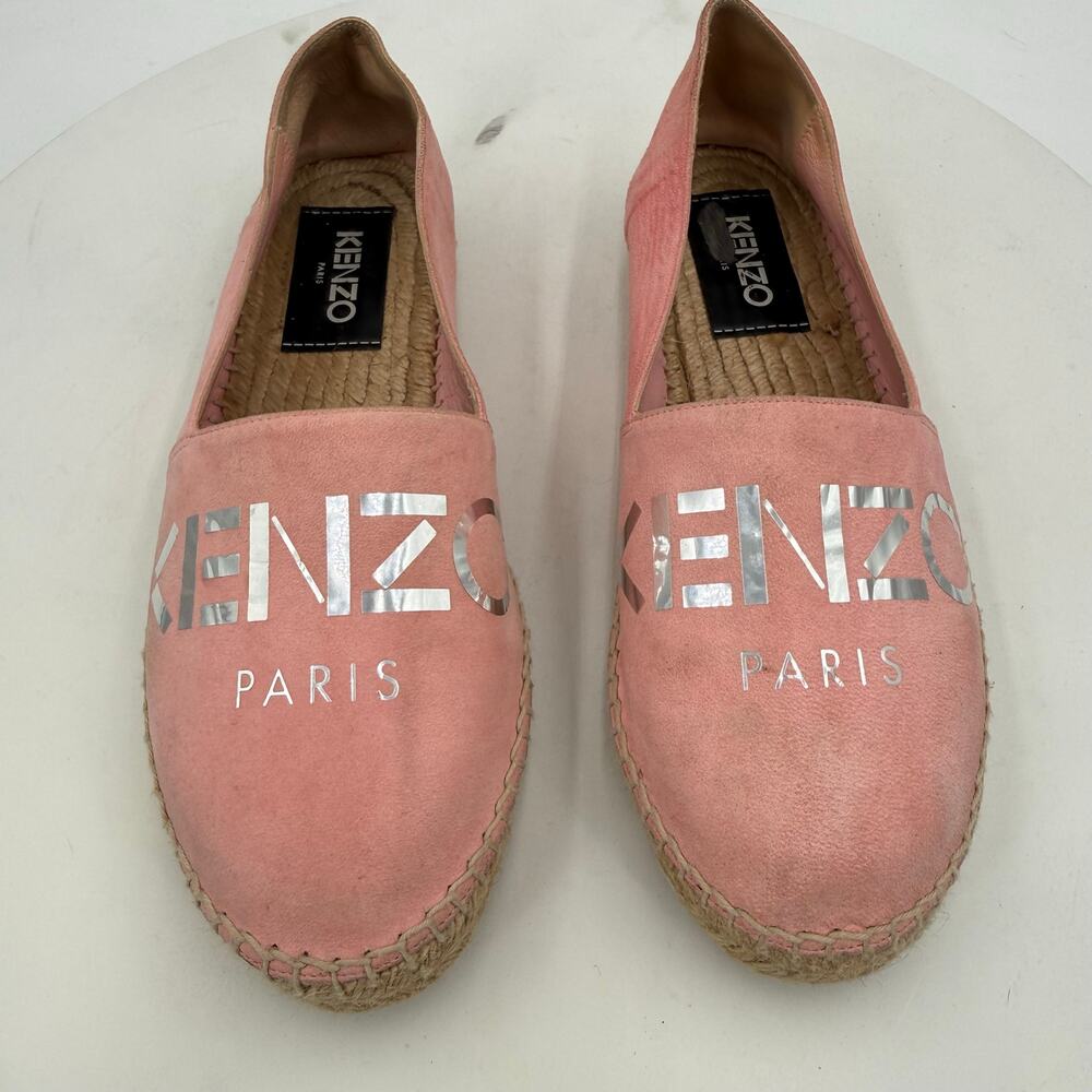 Kenzo Paris Metallic Silver Logo Pink Suede Espadrilles Flats Sz 38 EU - 7.5 US
